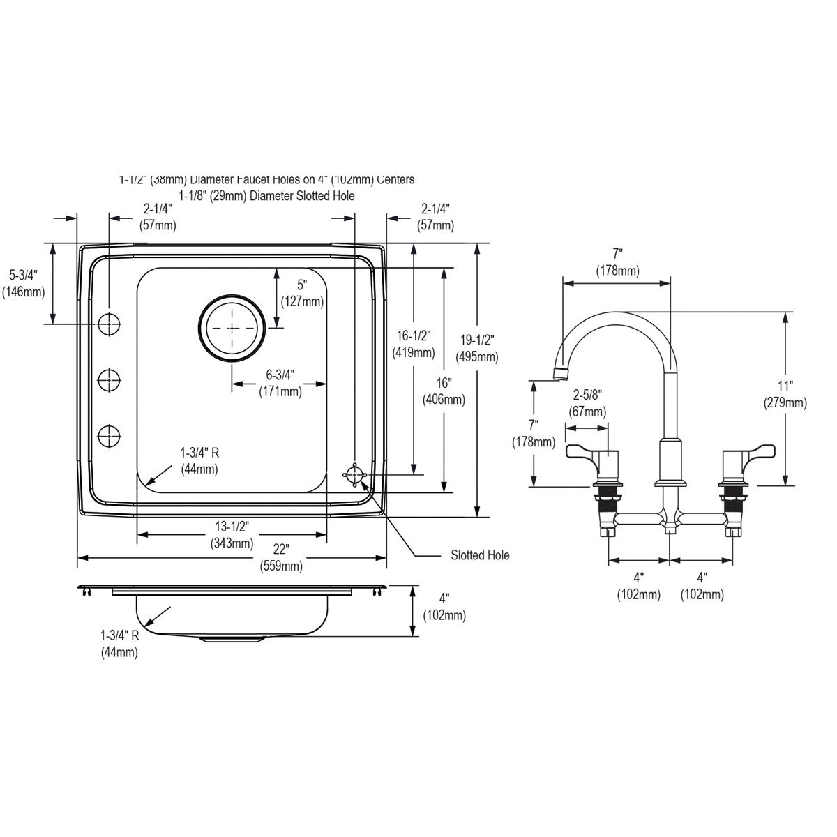 Stainless steel drop-in sink with single bowl and 4-hole faucet configuration, shown with top, side, and front technical spec