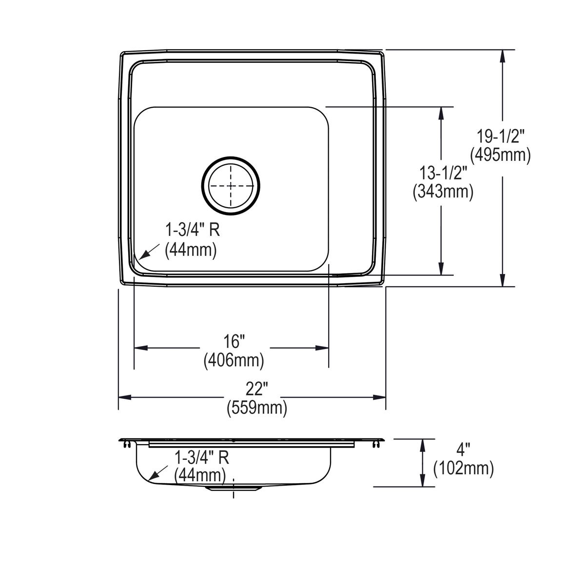 Top, front, and side technical drawings of a stainless steel rectangular drop-in sink with single rounded bowl and dimension 