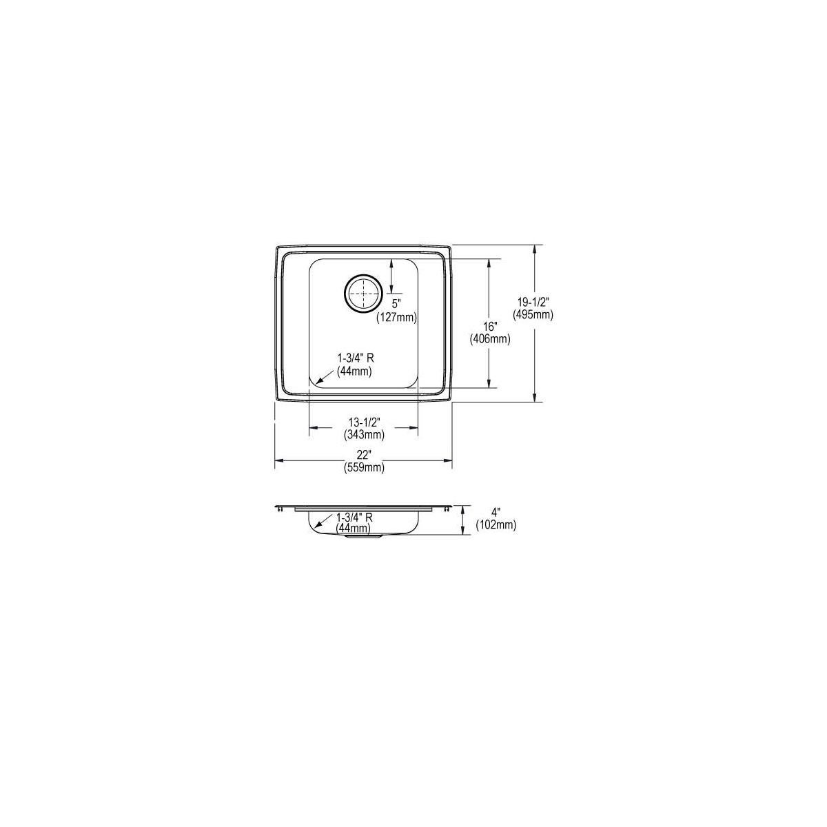 Elkay Lustertone Classic Stainless Steel 22" x 19-1/2" x 4", 4-Hole Single Bowl Drop-in Classroom ADA Sink