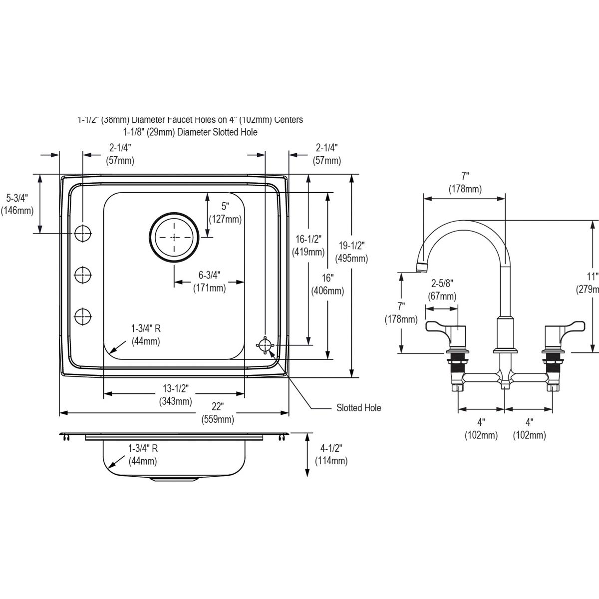 Technical schematic showing top and side views of a stainless steel drop-in sink with single bowl, faucet holes, and three-ha
