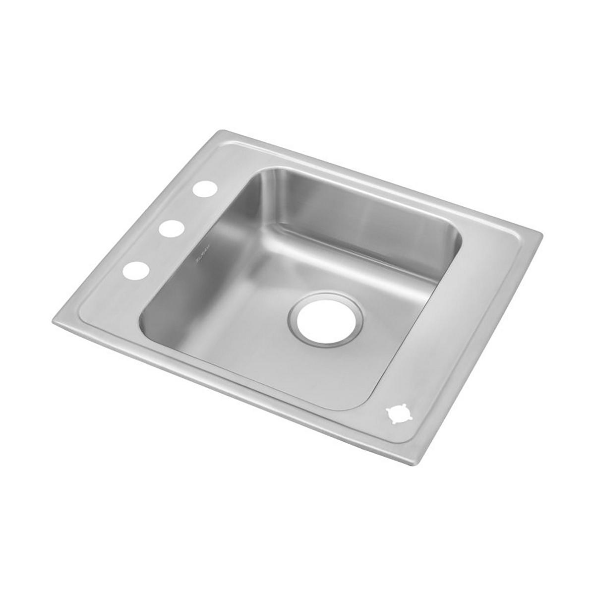 Stainless steel drop-in sink with single bowl, drain hole, and three faucet holes along left rim.