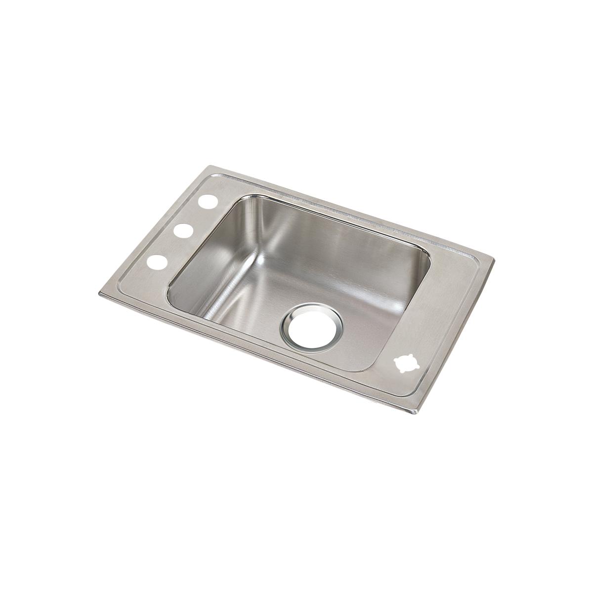 Stainless steel drop-in sink with single bowl, faucet holes on left rim, and drain hole on right side.