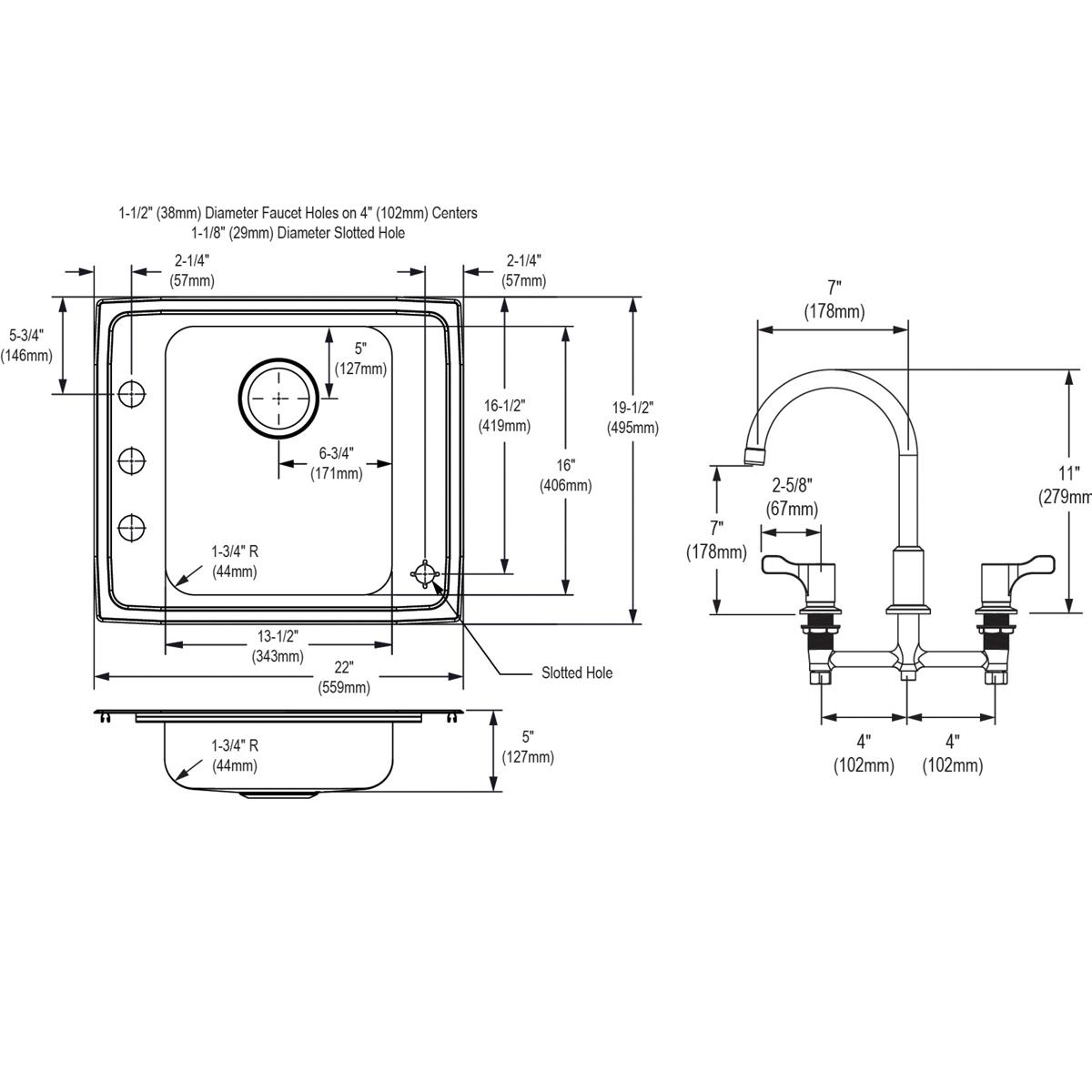 Stainless steel drop-in sink with single bowl and three-hole faucet configuration, shown with technical dimension specificati