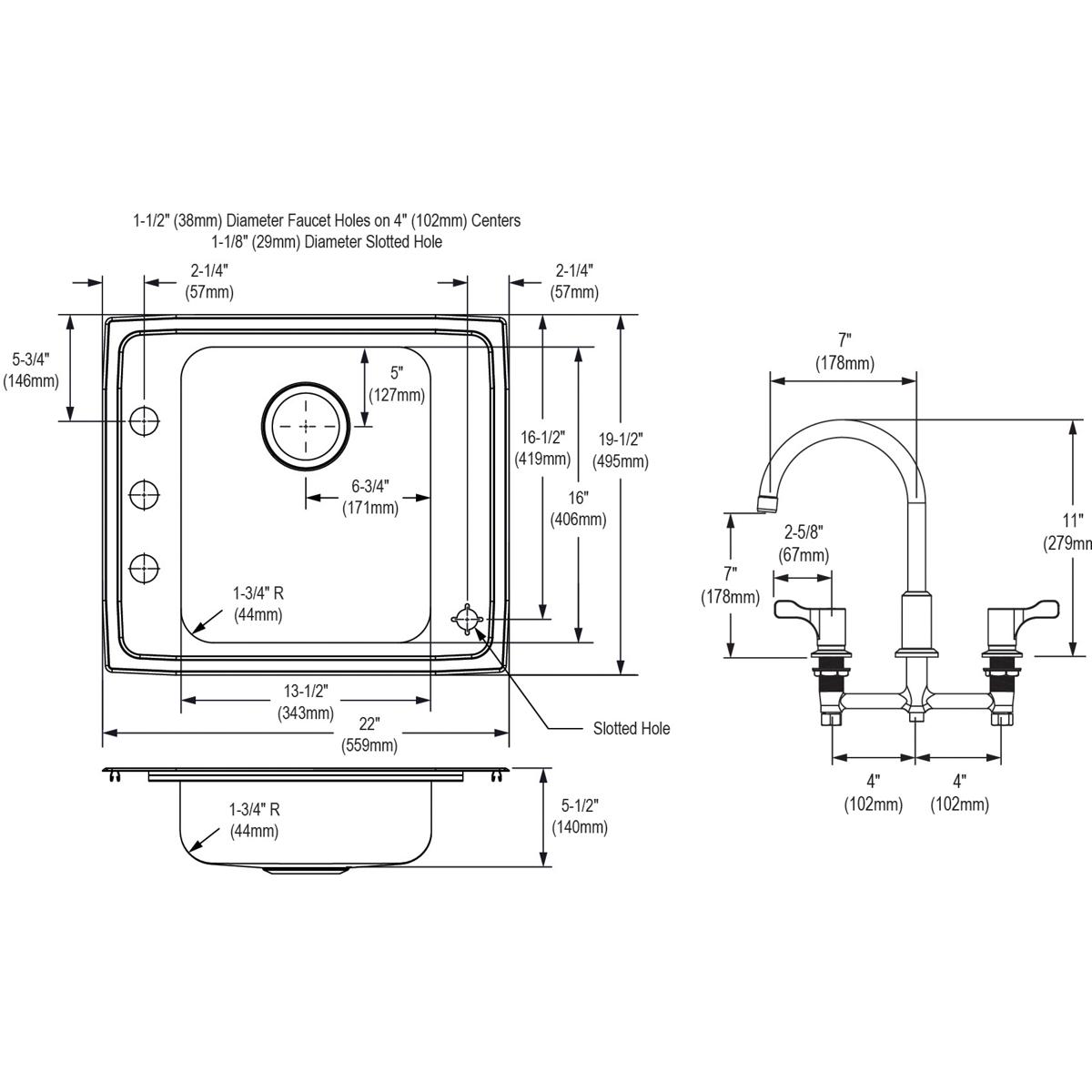 Technical schematic showing top, side, and front views of a stainless steel single bowl drop-in sink with faucet hole specifi