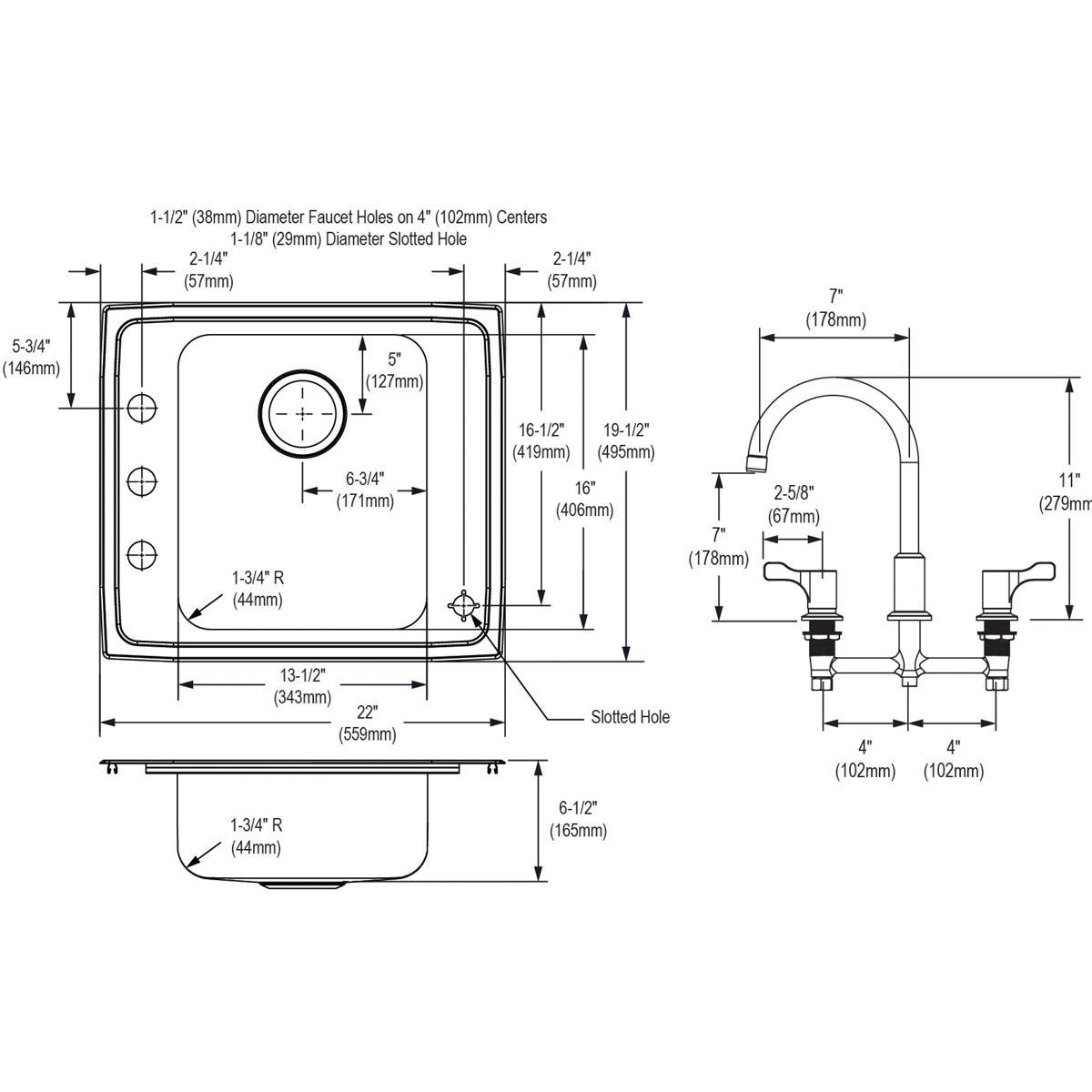 Technical specification diagram showing top and side views of a stainless steel drop-in sink with faucet holes and detailed m