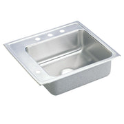 Stainless steel drop-in sink with single bowl, four faucet holes across top rim, and drain opening.