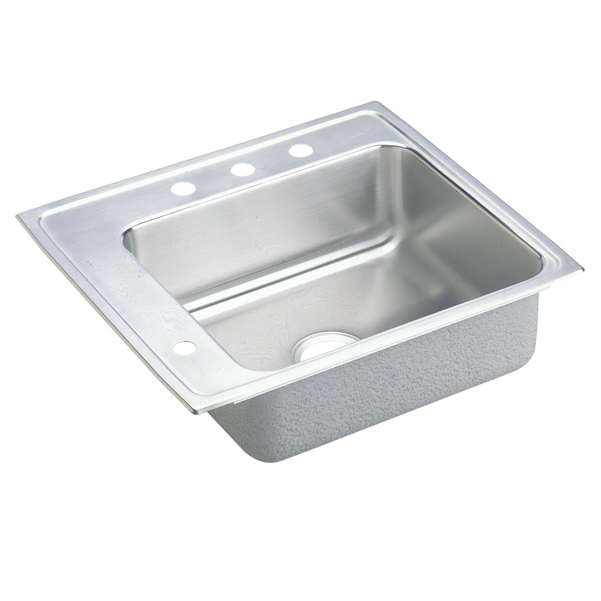Stainless steel drop-in sink with single bowl, four faucet holes across top rim, and drain opening.