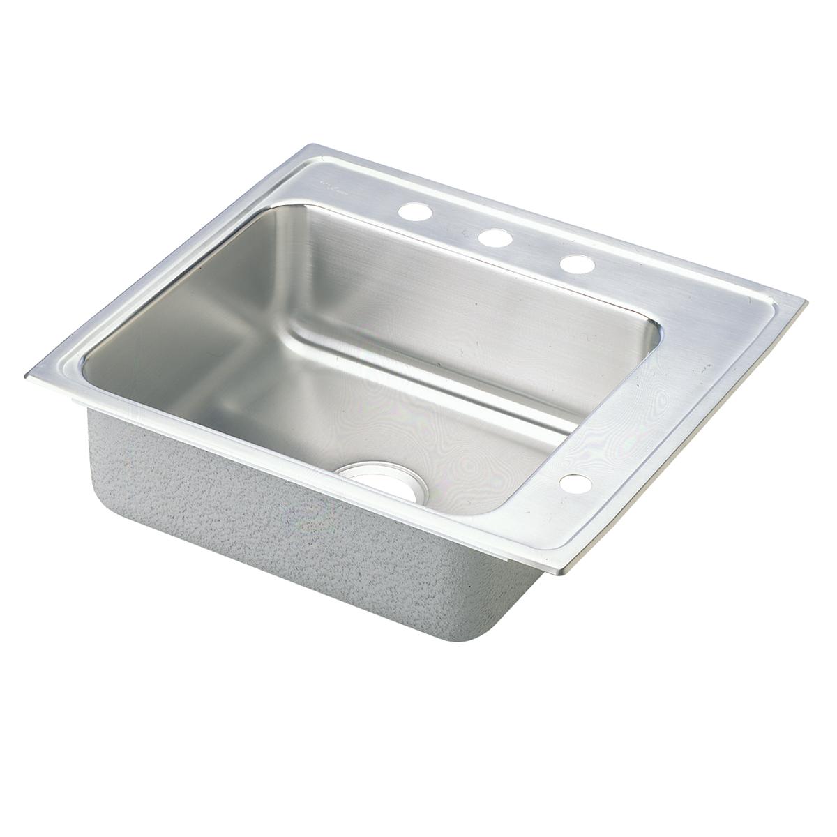 Stainless steel drop-in sink with single bowl, three faucet holes, and rounded corners on brushed finish rim.