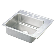 Stainless steel drop-in sink with single bowl, three faucet holes, and rounded corners on brushed finish rim.