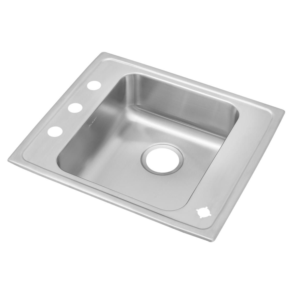 Stainless steel drop-in sink with single bowl, three faucet holes on left rim, and one drain hole on right side.