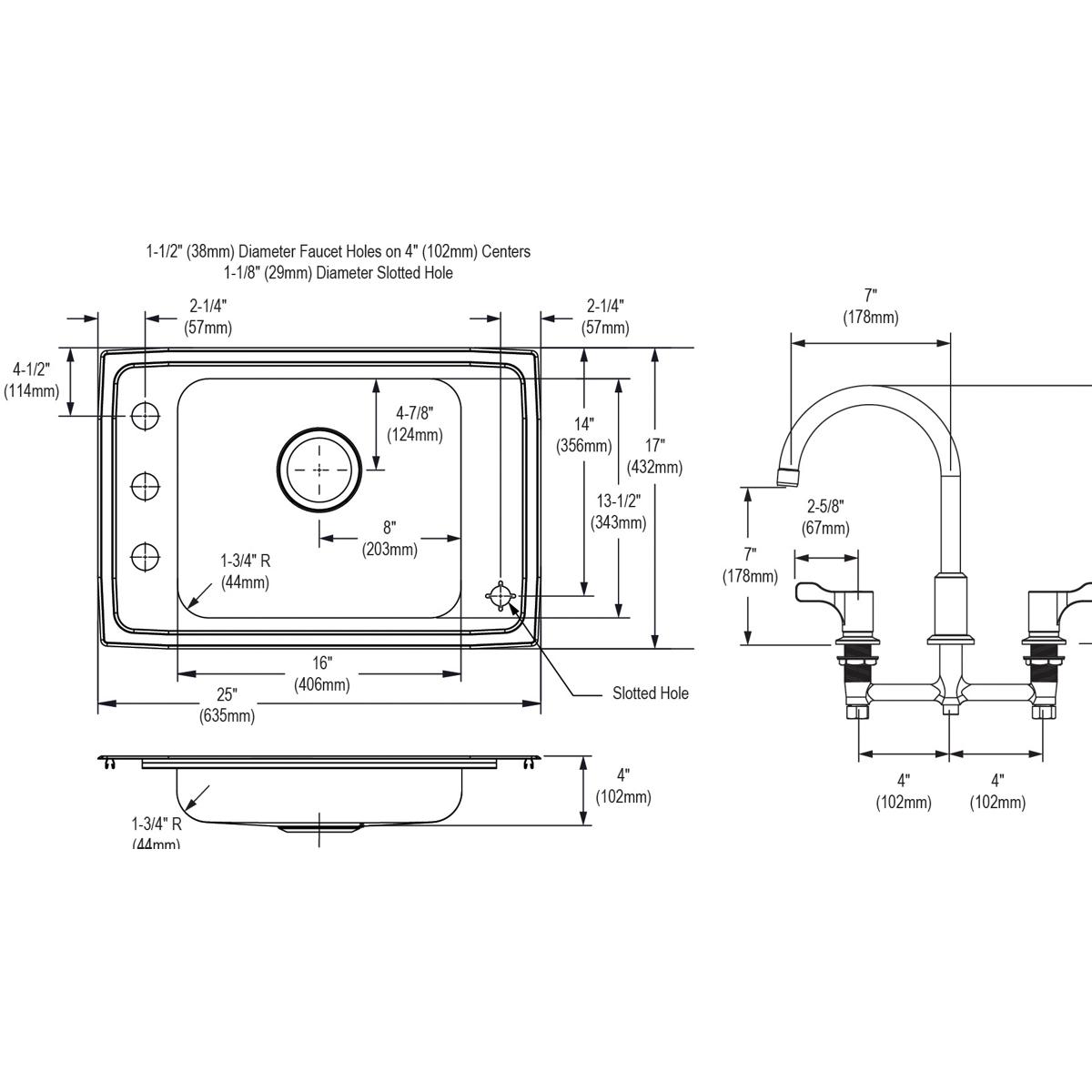 Stainless steel drop-in sink with single bowl and four mounting holes shown with faucet and bubbler specifications and dimens