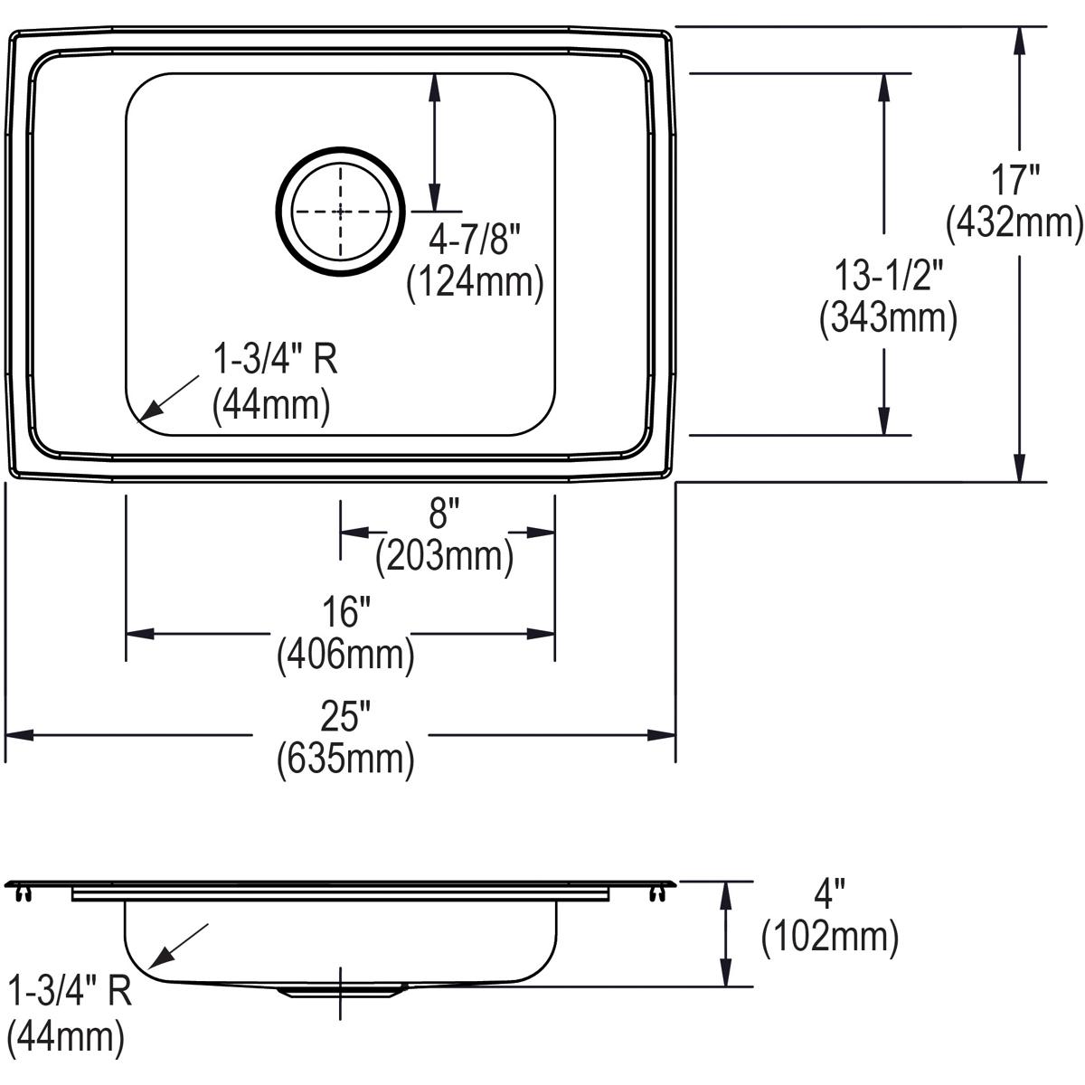 Stainless steel drop-in sink bowl with single round basin and dimension specifications for 25" x 17" installation.