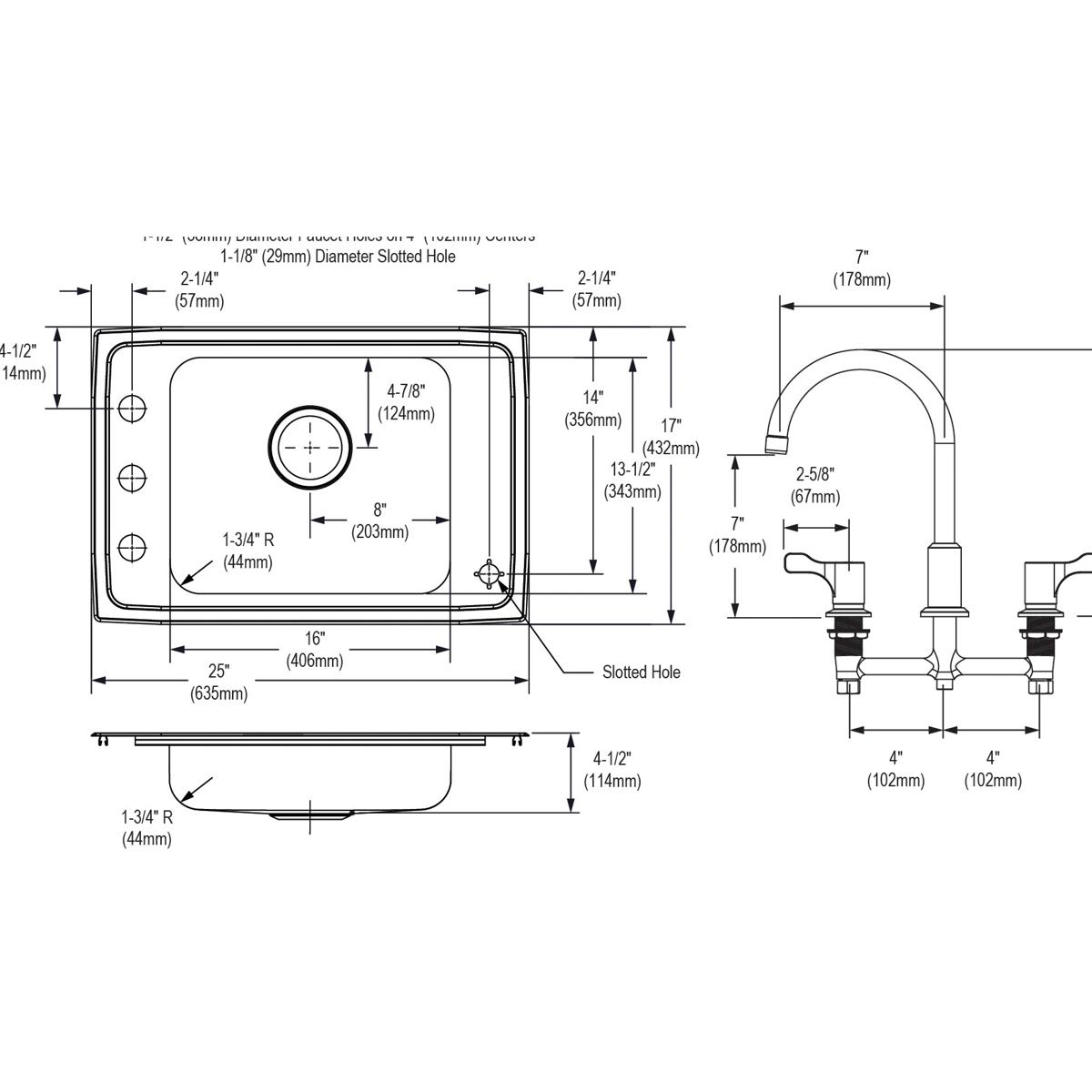 Stainless steel drop-in sink with single bowl, four mounting holes, and arc faucet with two side handles shown in technical s