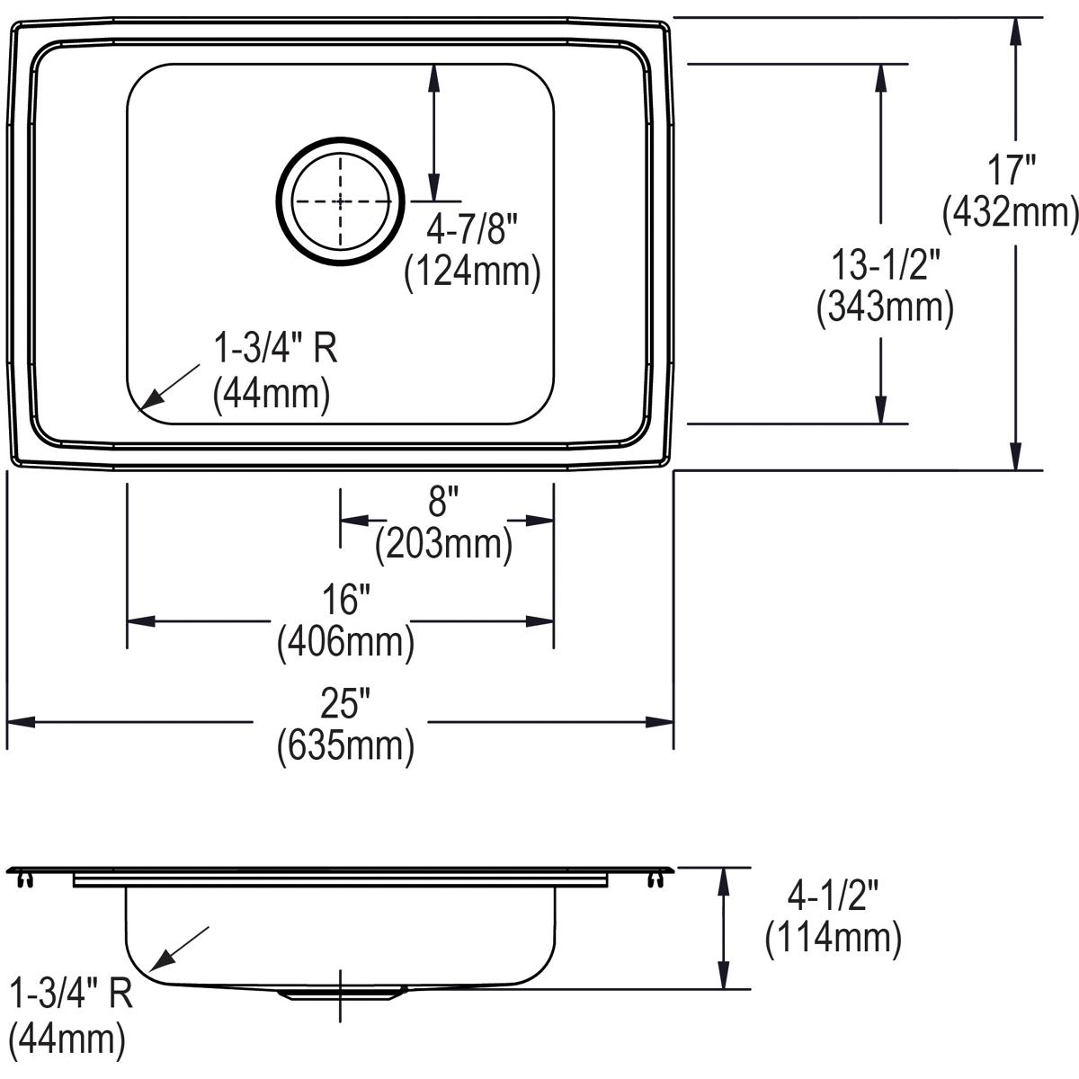 Stainless steel drop-in sink with single bowl, rounded corners, and four mounting holes, shown in top and side technical draw
