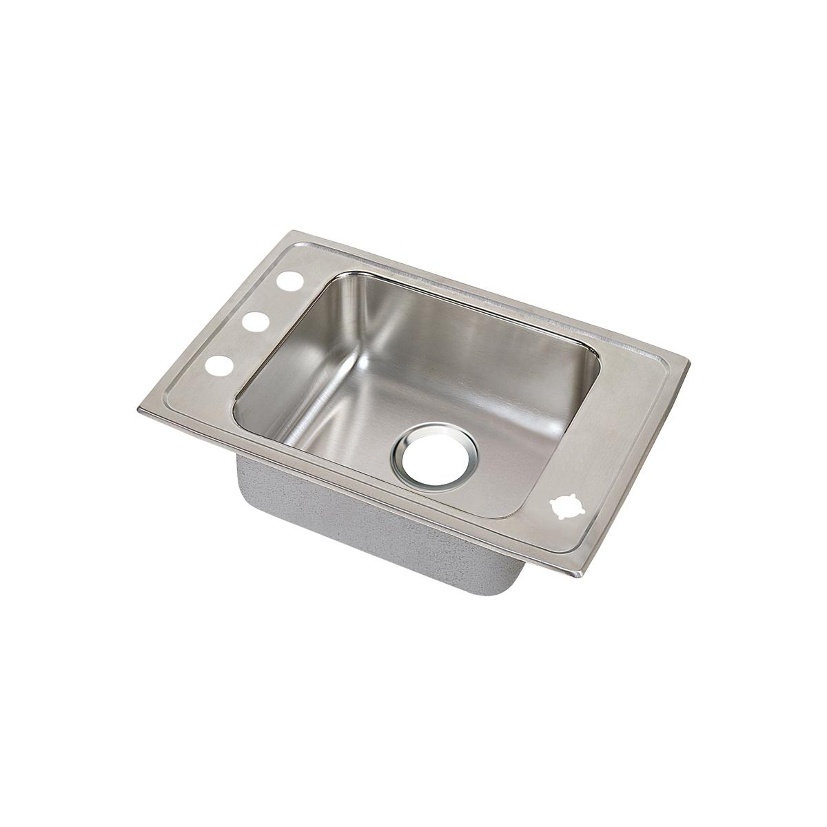 Stainless steel drop-in sink with single bowl, faucet holes on left rim, and circular drain opening.