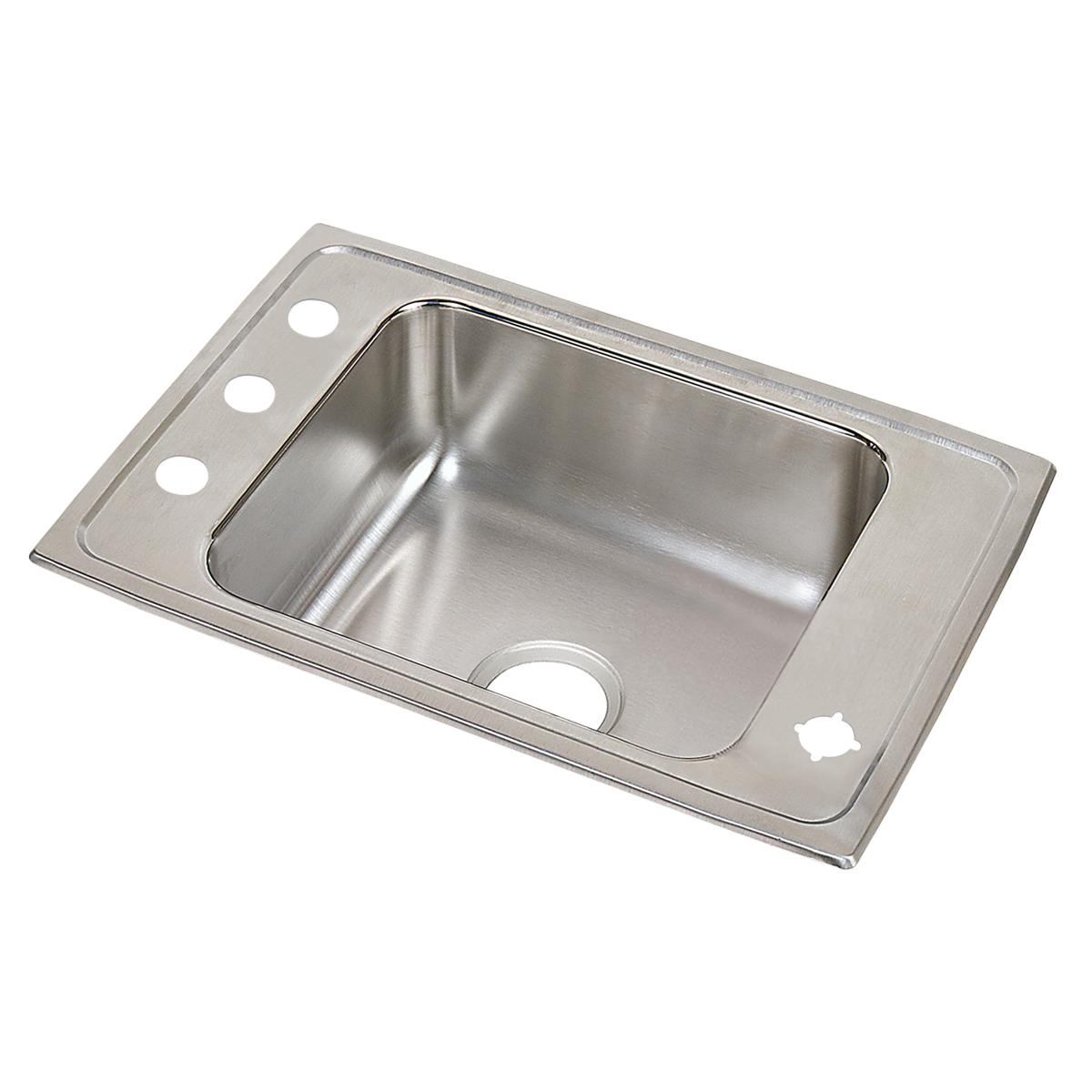 Stainless steel drop-in sink with single bowl, two faucet holes on left edge, and one drain hole on right edge.