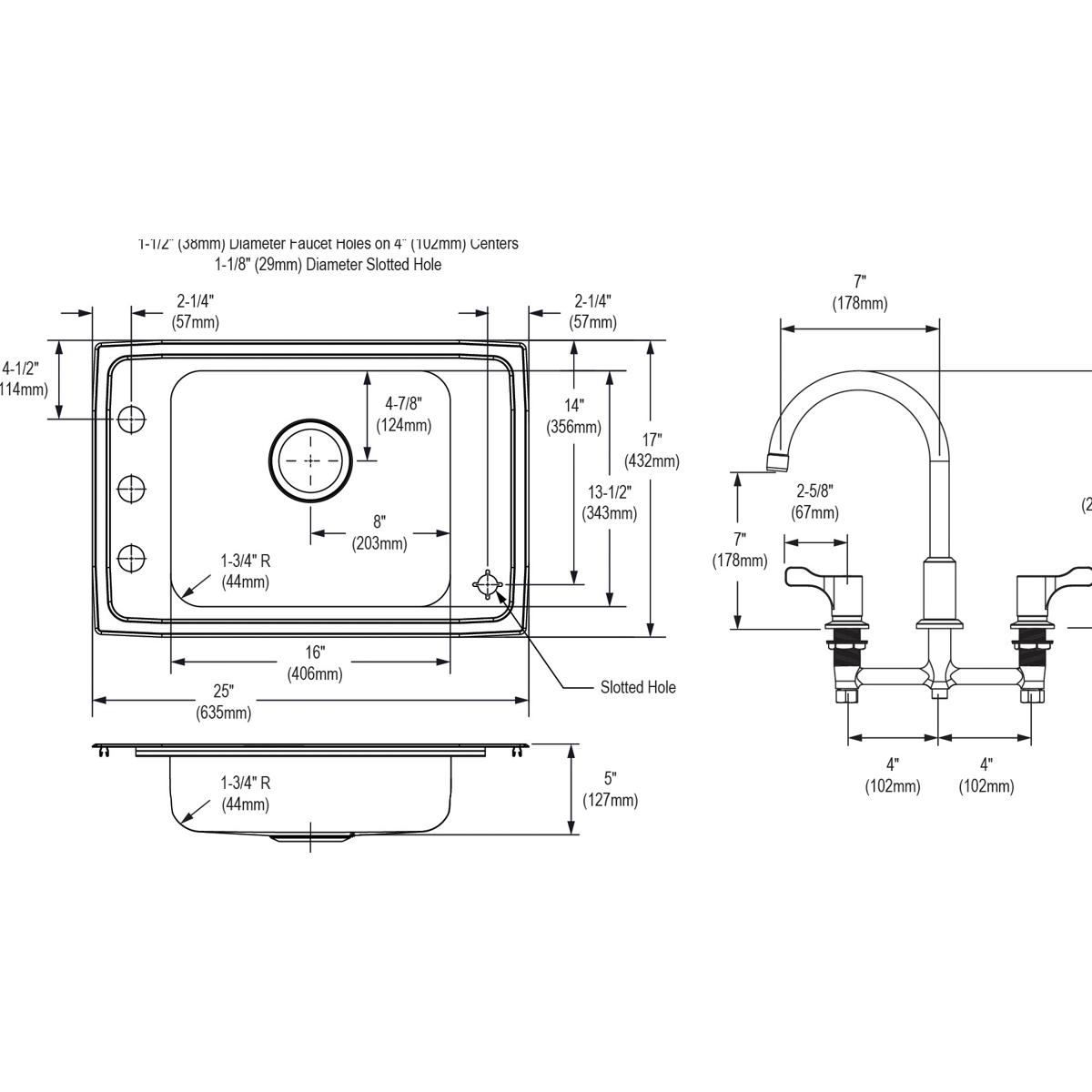 Stainless steel drop-in sink with single bowl and arc faucet, technical dimensions and installation specifications shown.