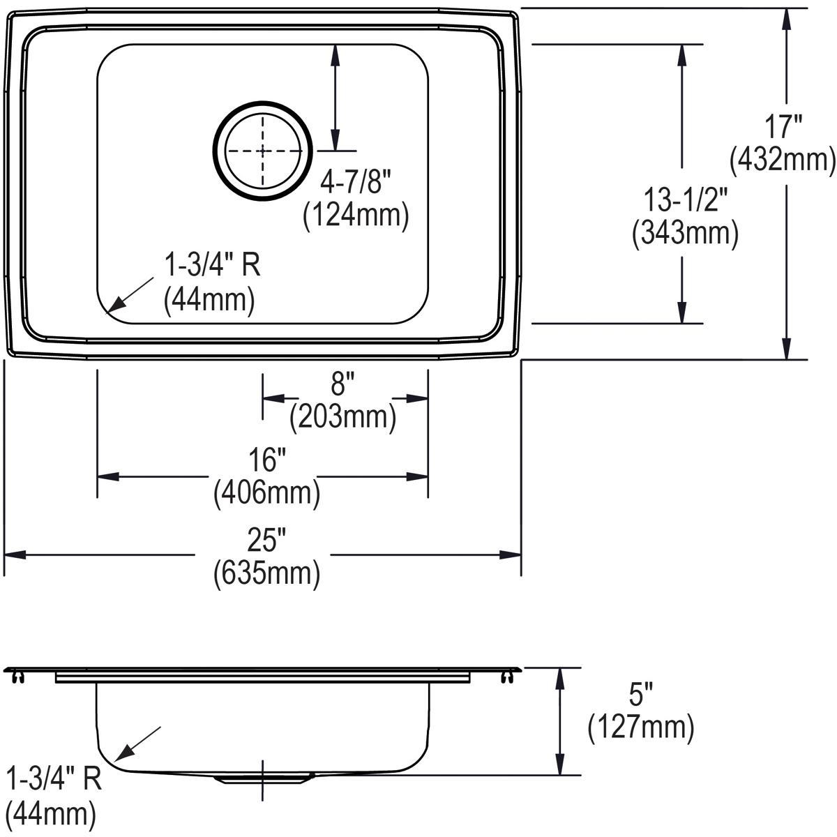 Stainless steel drop-in sink with single round bowl, two faucet holes, and dimensions of 25" x 17" x 5" shown in top and side