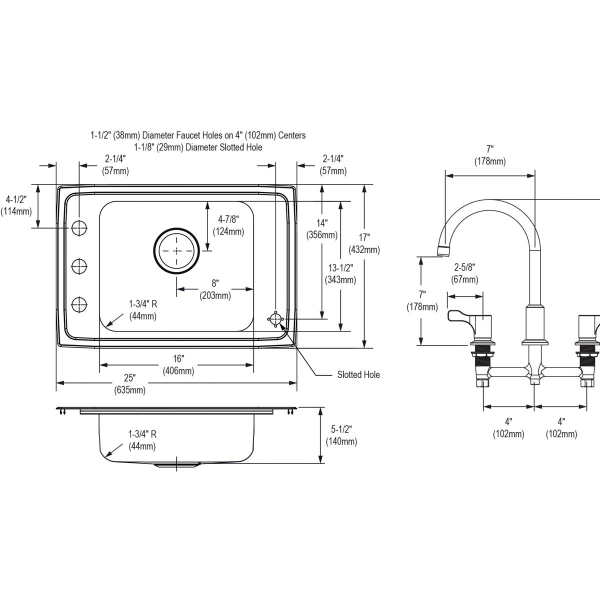 Technical schematic of stainless steel drop-in sink with single bowl, four faucet holes, and included arc faucet with dimensi