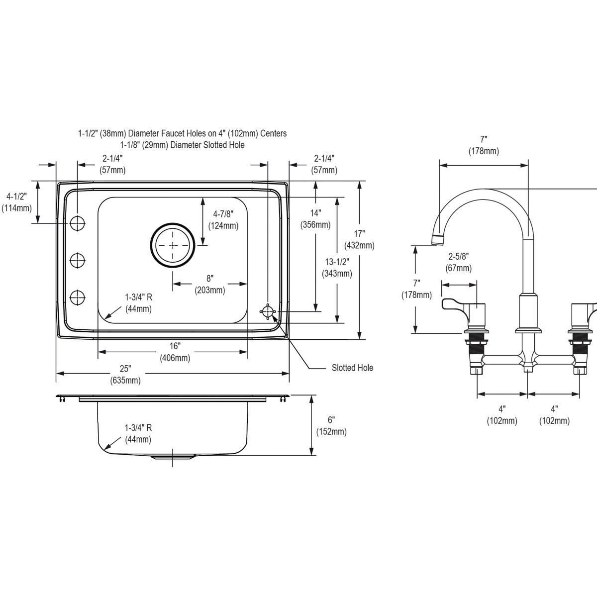 Stainless steel drop-in sink with single bowl, four mounting holes, and arc faucet with bubbler spout, shown in top, side, an