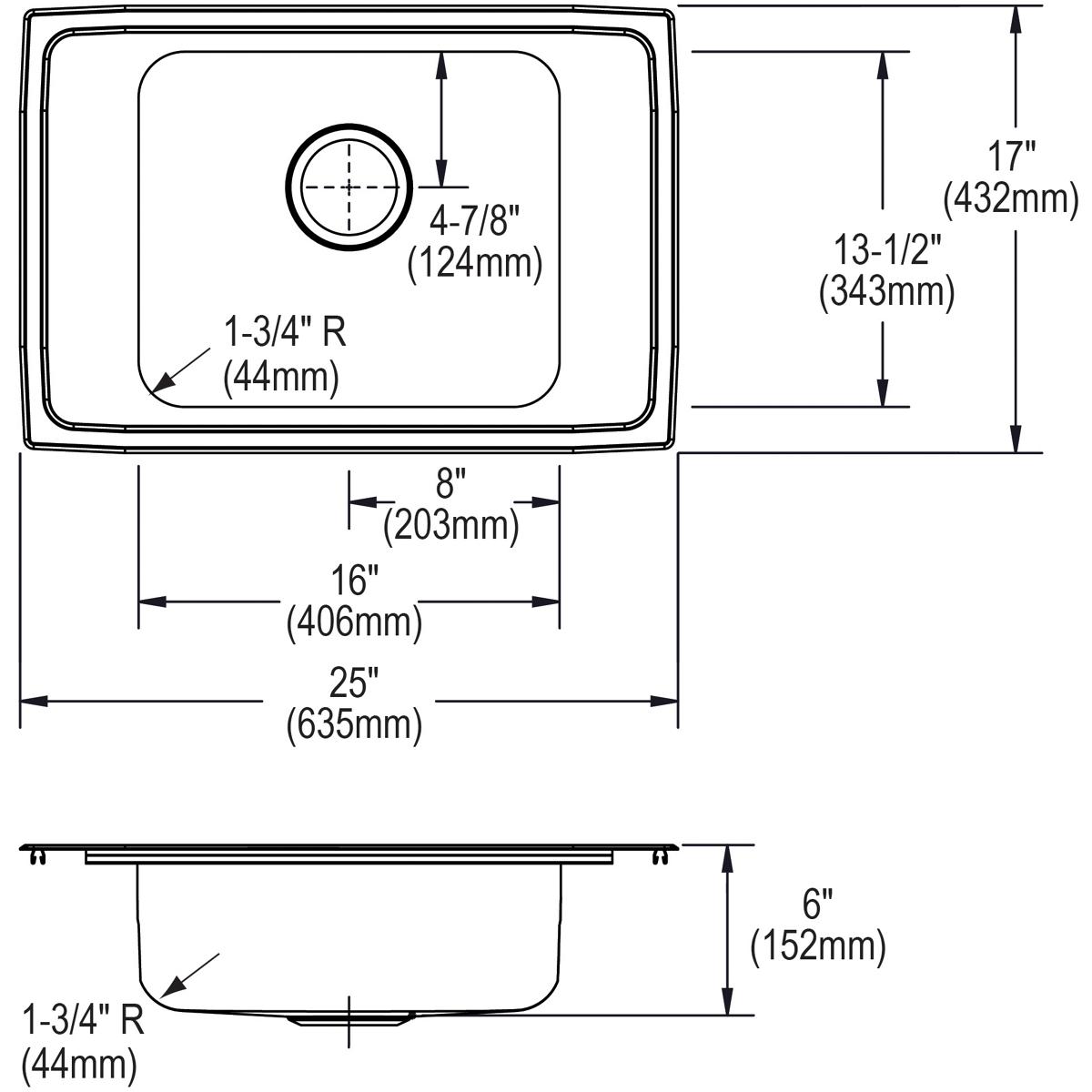 Stainless steel rectangular drop-in sink with single bowl, faucet hole, and rounded corners shown from top and side views wit