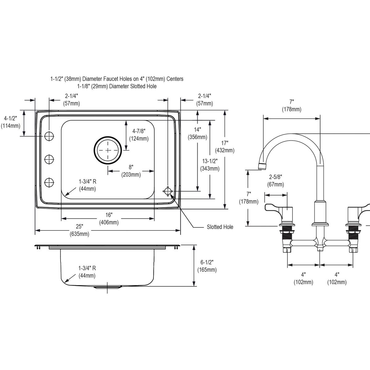 Stainless steel drop-in sink with single bowl, four faucet holes, and included arc faucet with filter shown in top and side t