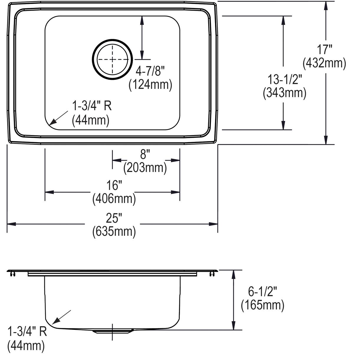 Stainless steel single bowl drop-in sink with dimensions 25" x 17" x 6-1/2" and one faucet hole, shown in top and side view t
