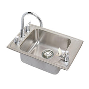 Stainless steel drop-in sink with single bowl, arched faucet, and four mounting holes on brushed surface.