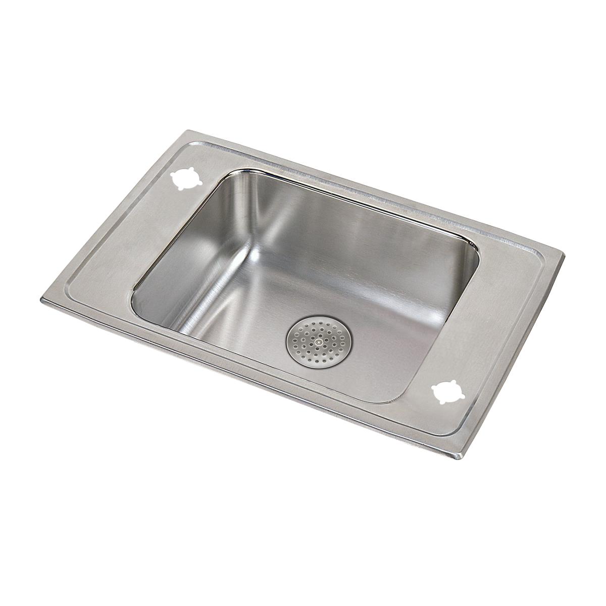 Stainless steel drop-in sink with single bowl, drain grid, and two faucet holes on rim.