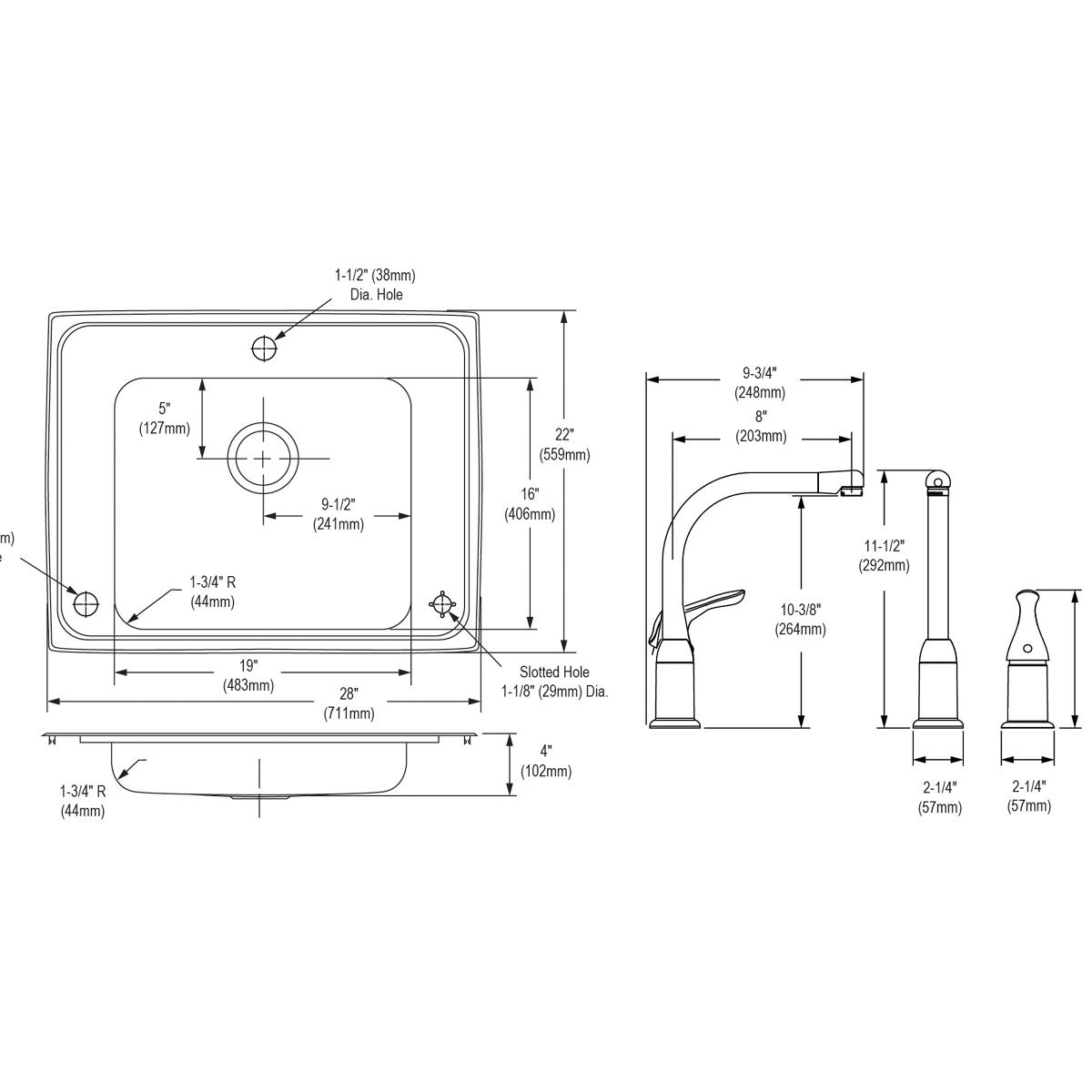 Stainless steel single bowl drop-in sink with faucet and dimension specifications labeled.