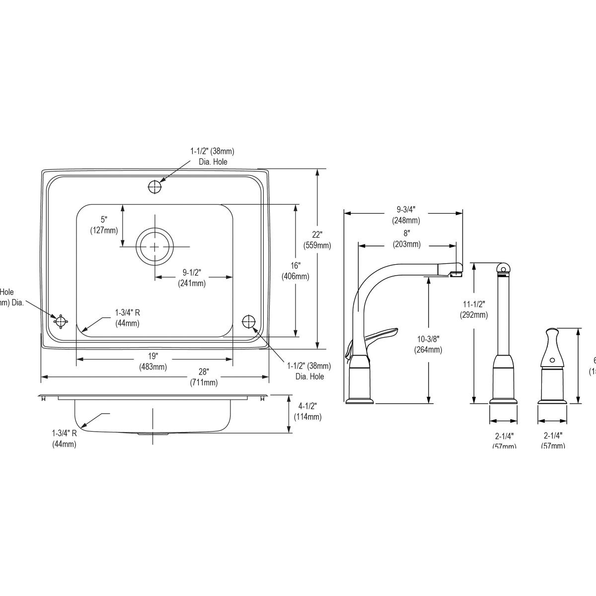 Stainless steel drop-in sink with single bowl, faucet, and spray head shown with technical dimension specifications.