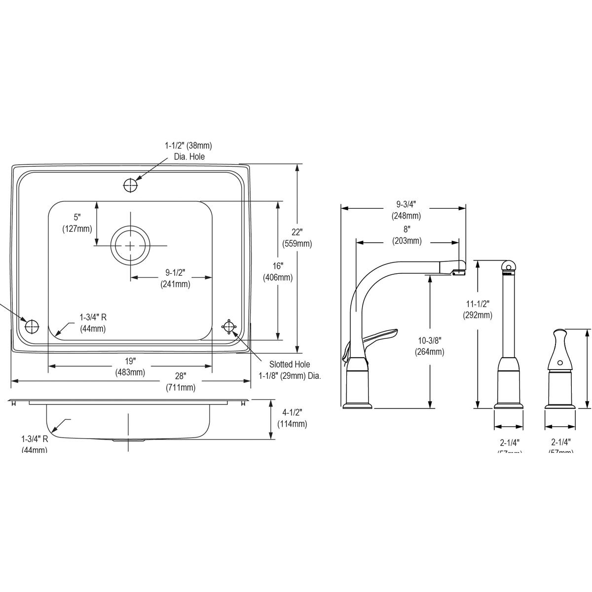 Stainless steel single bowl drop-in sink with faucet and sprayer, shown in top and side views with detailed dimension specifi