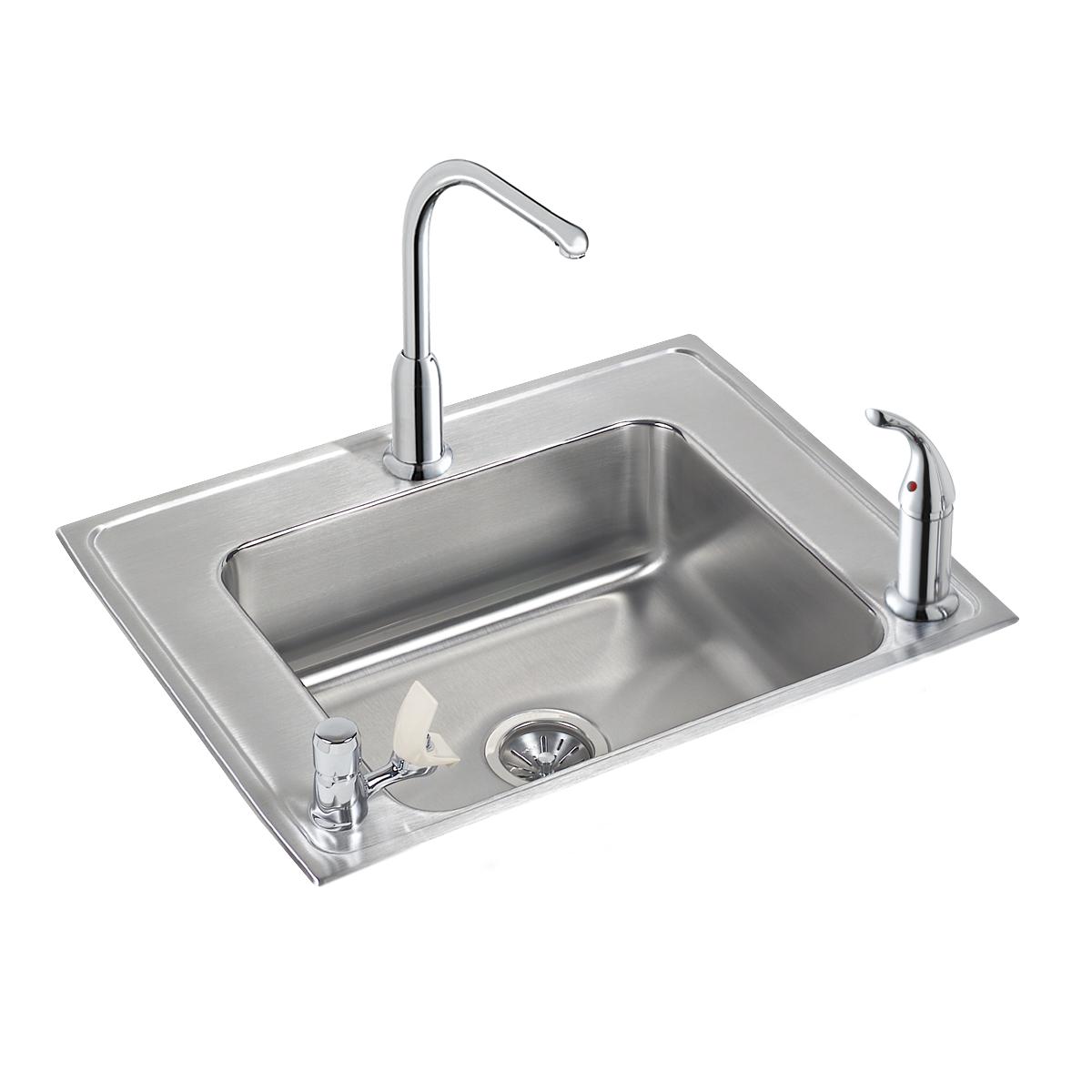 Stainless steel drop-in sink with single rectangular bowl, two faucets, and drain strainer visible from above.