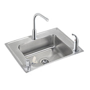 Stainless steel drop-in sink with single rectangular bowl, two faucets, and drain strainer visible from above.