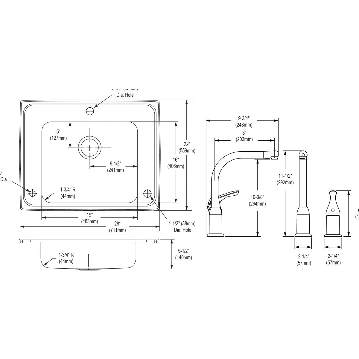 Stainless steel single bowl drop-in sink with faucet and sprayer shown in top and side view technical diagrams with dimension