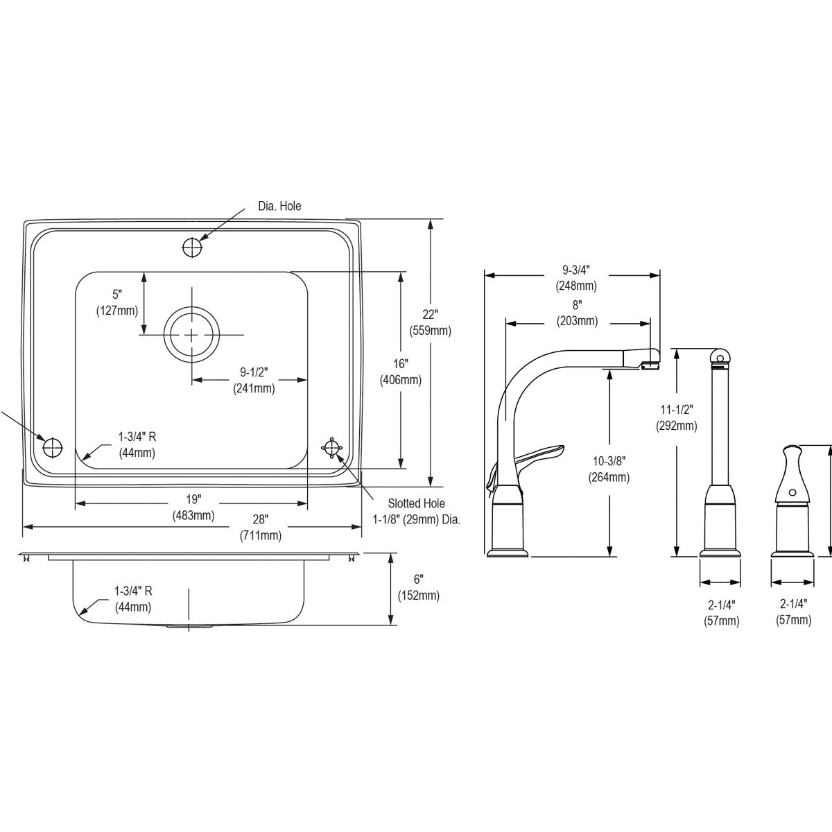 Stainless steel drop-in sink with single bowl and attached faucet, shown in top and side view technical drawings with dimensi