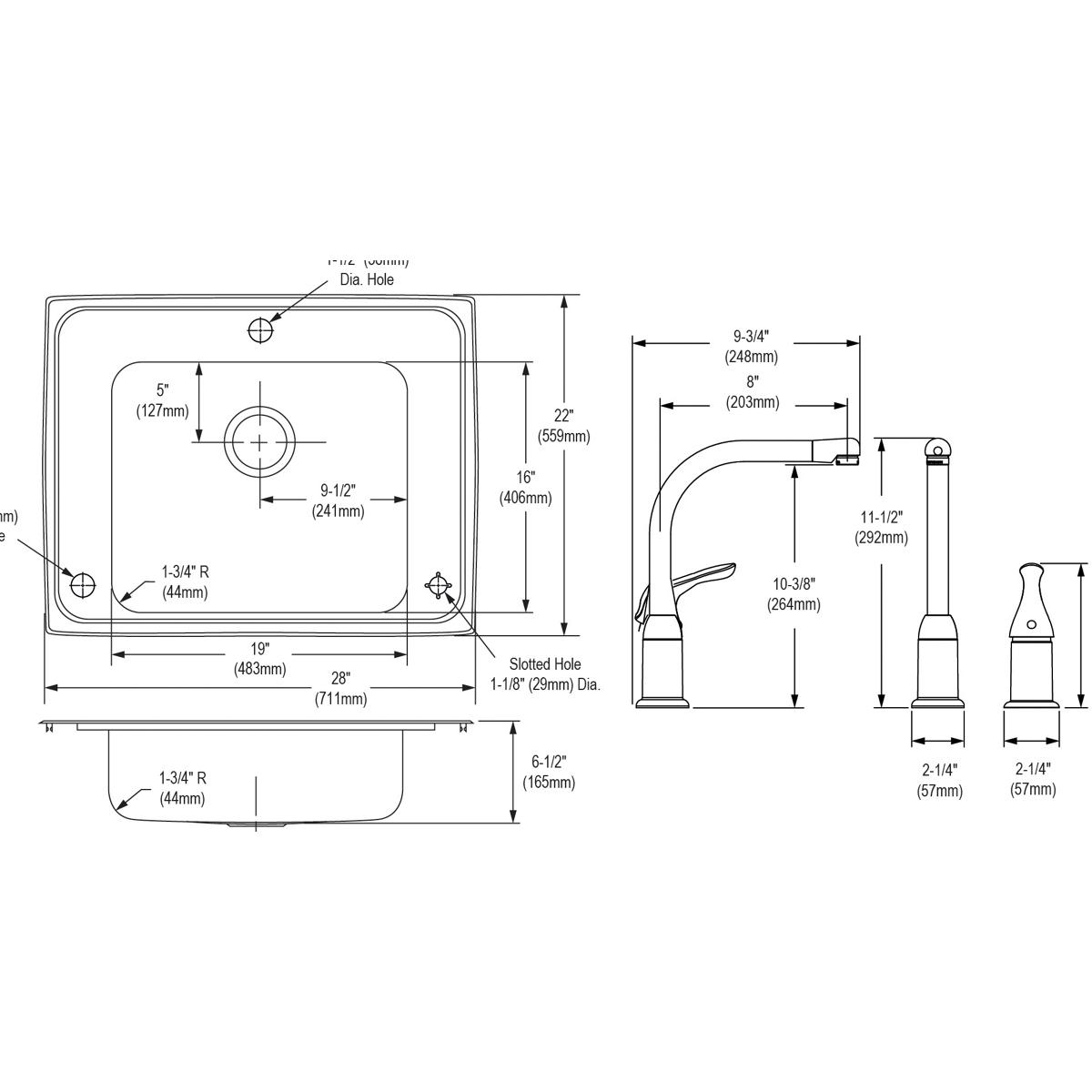Stainless steel single-bowl drop-in sink with rounded corners, drain hole, and faucet mounting specifications shown in techni