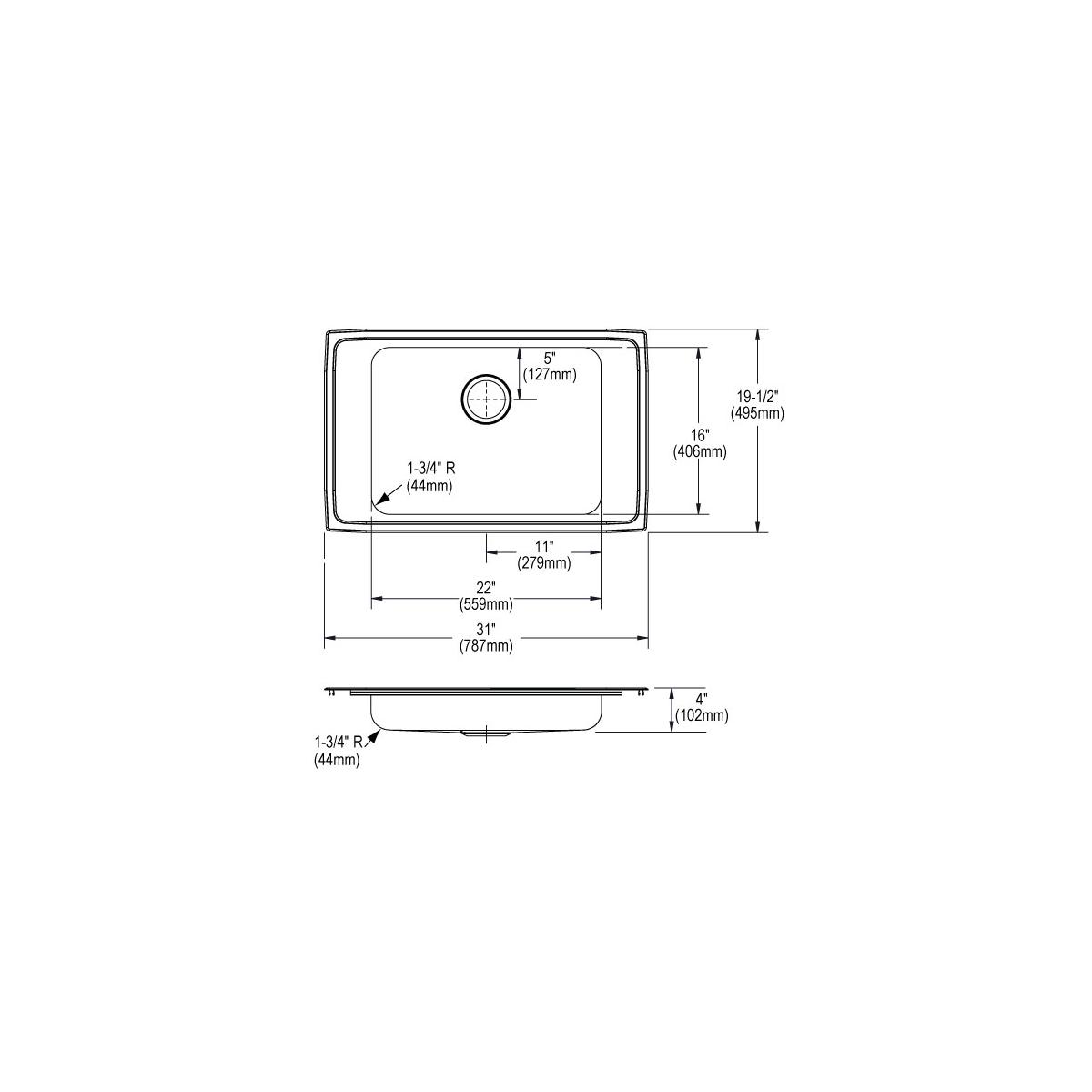 Elkay Lustertone Classic Stainless Steel 31" x 19-1/2" x 4", 0-Hole Single Bowl Drop-in Classroom ADA Sink