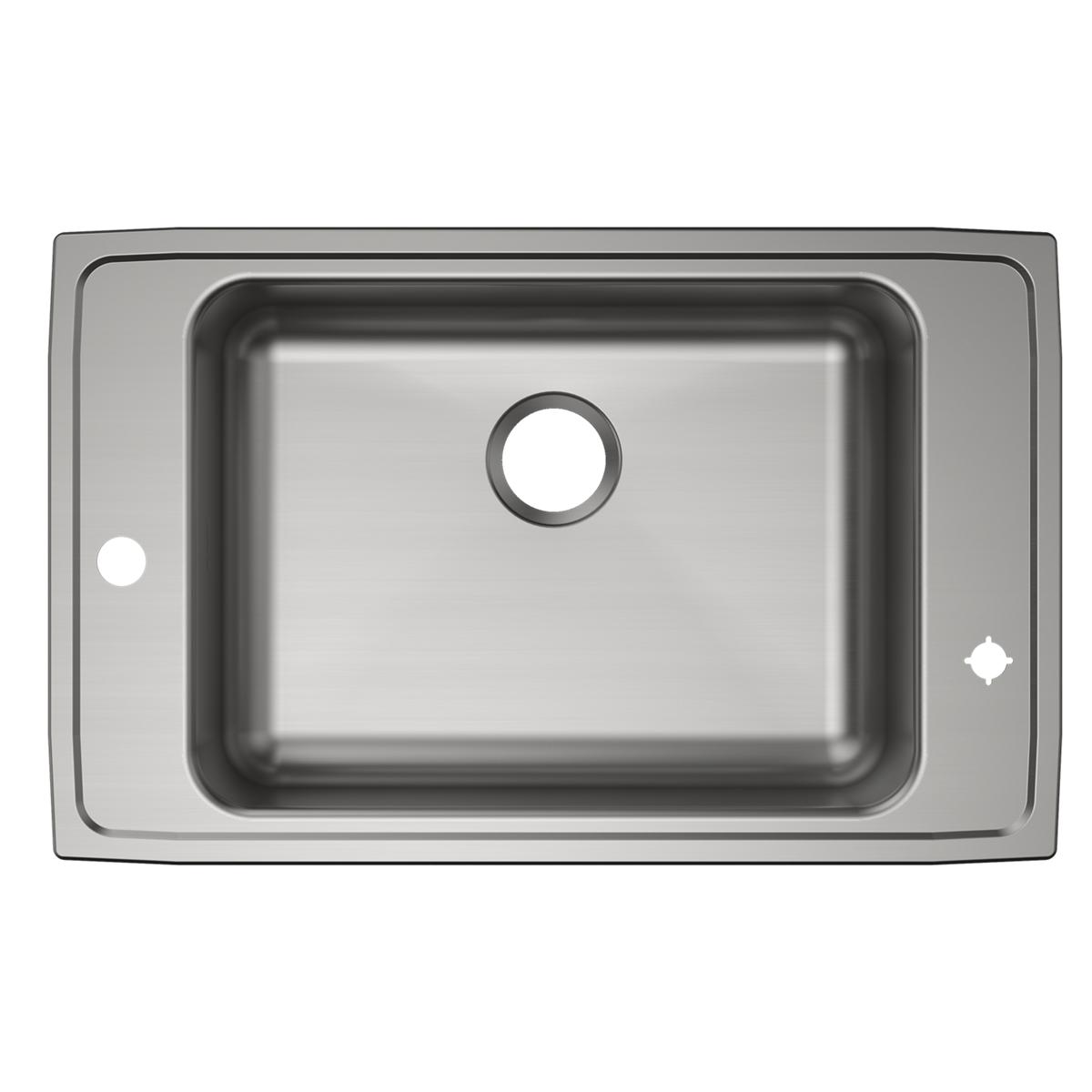Stainless steel drop-in sink with single bowl, two faucet holes on left and right sides, and center drain hole.