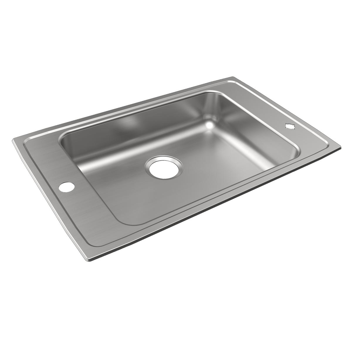 Stainless steel rectangular drop-in sink with single bowl, center drain hole, and two faucet mounting holes on the rim.