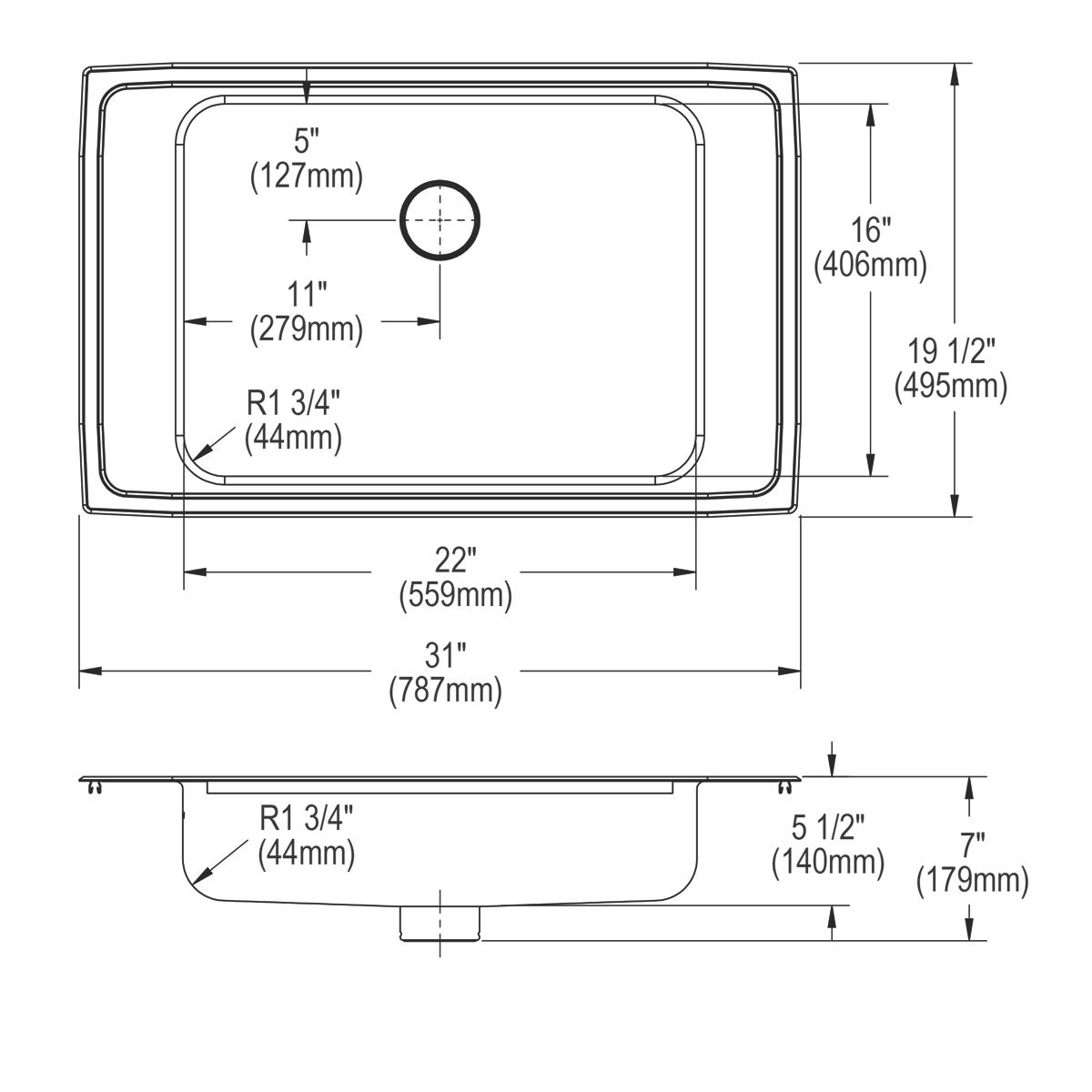 Stainless steel drop-in sink with single bowl, two faucet holes, and drain grid; top and side view technical drawings with di