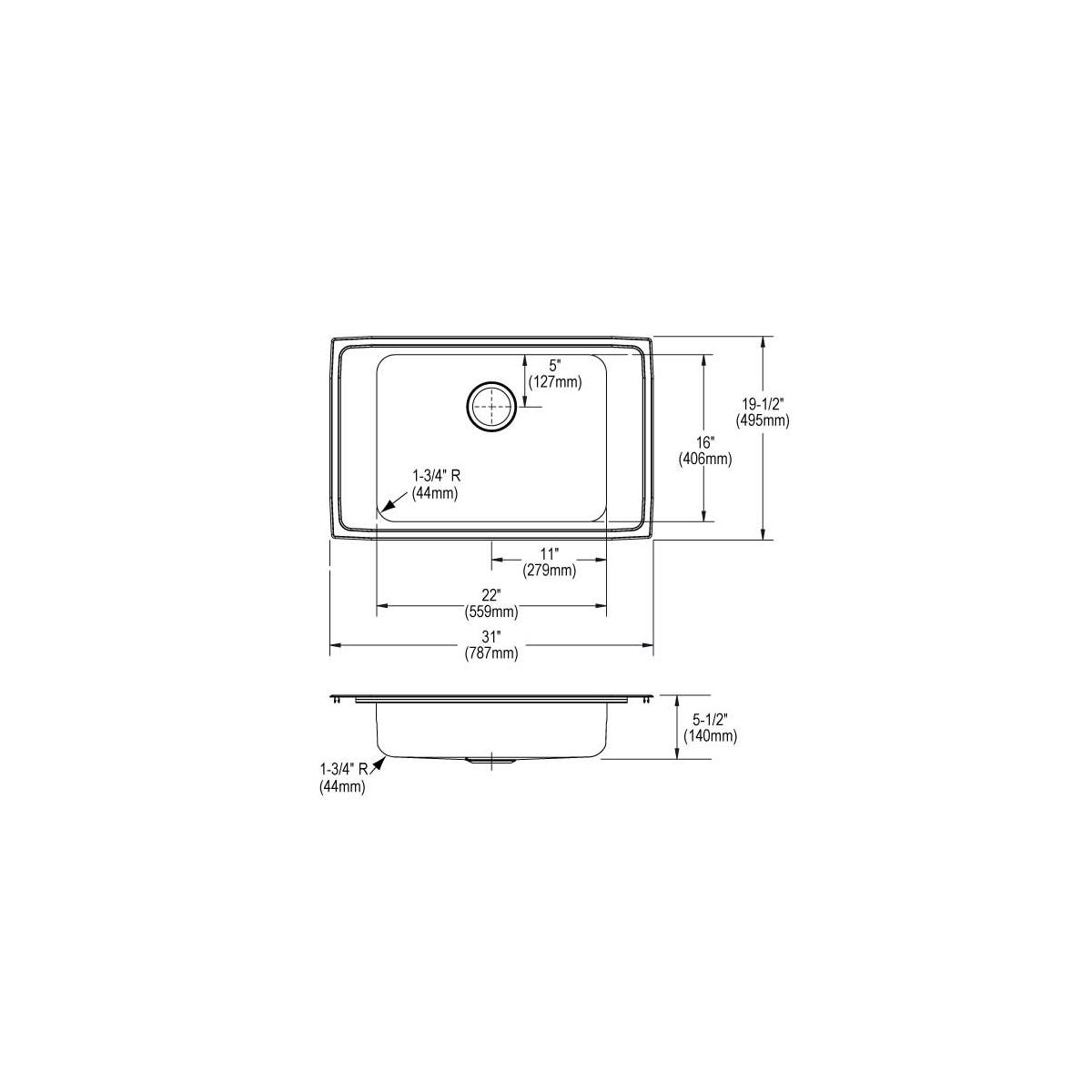 Stainless steel drop-in sink with single bowl, four mounting holes, and dimensions labeled for 31" width, 19-1/2" depth, and 