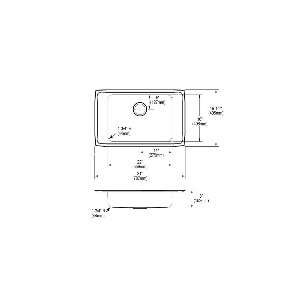 Stainless steel drop-in sink with single bowl, two faucet holes, and dimensions marked in top and side technical views.