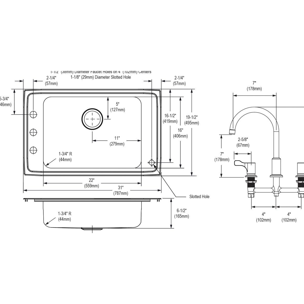 Stainless steel classroom sink with single bowl, four mounting holes, and arc faucet with bubbler attachment, shown with deta
