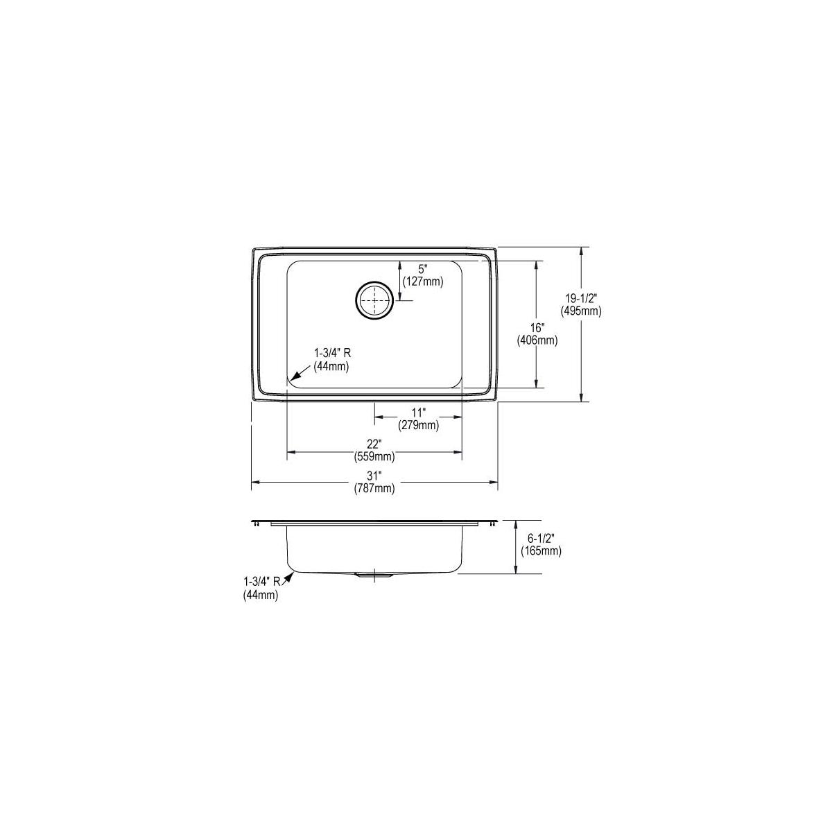 Stainless steel drop-in sink with single bowl, two faucet holes, and rounded corners shown in top and side technical drawings