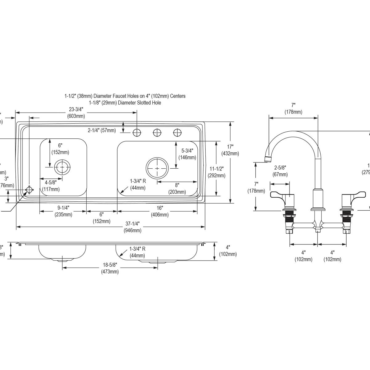 Stainless steel double bowl sink with dimensions and faucet hole specifications shown in technical schematic drawings.