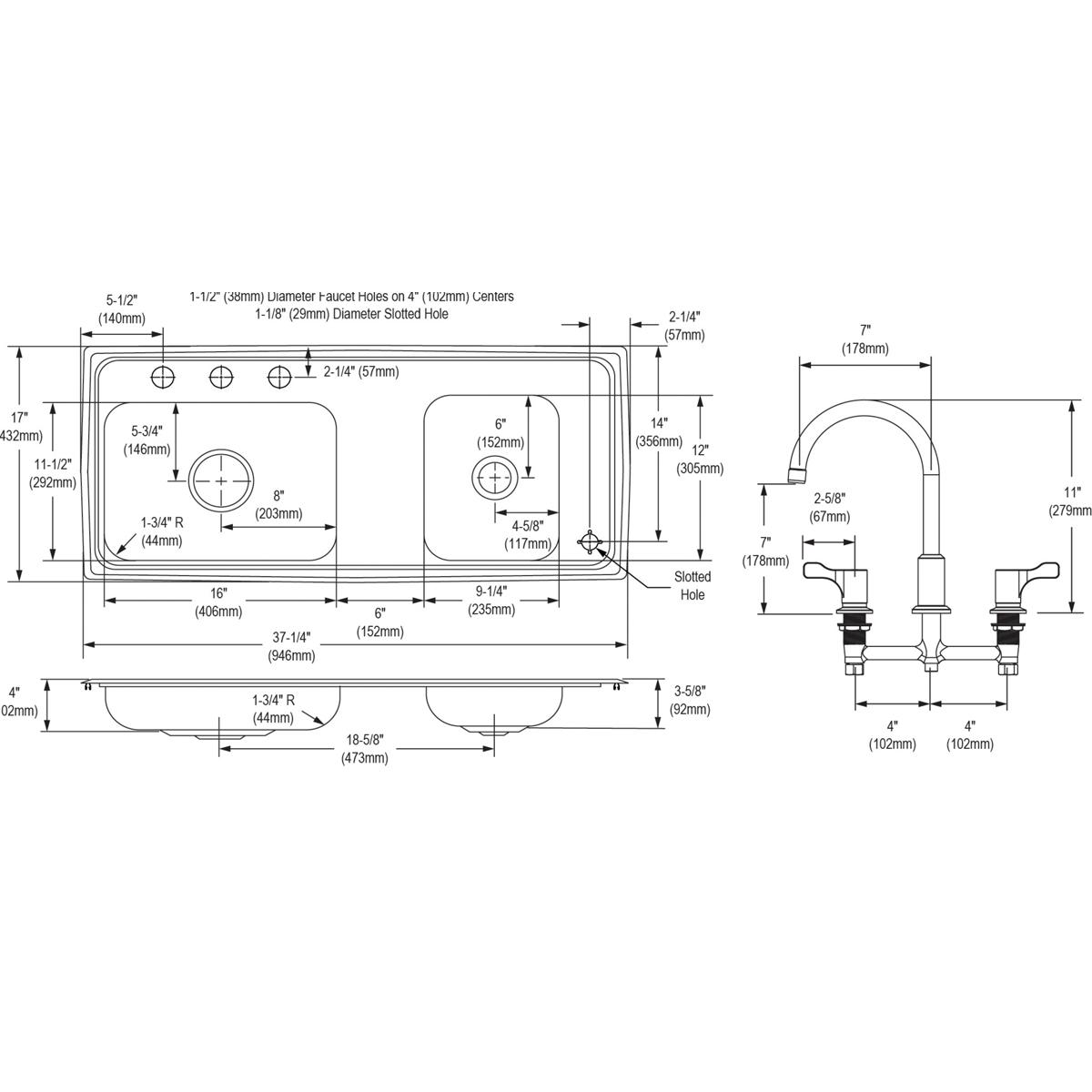 Stainless steel double bowl drop-in sink with faucet showing top and side views with detailed measurements and hole placement