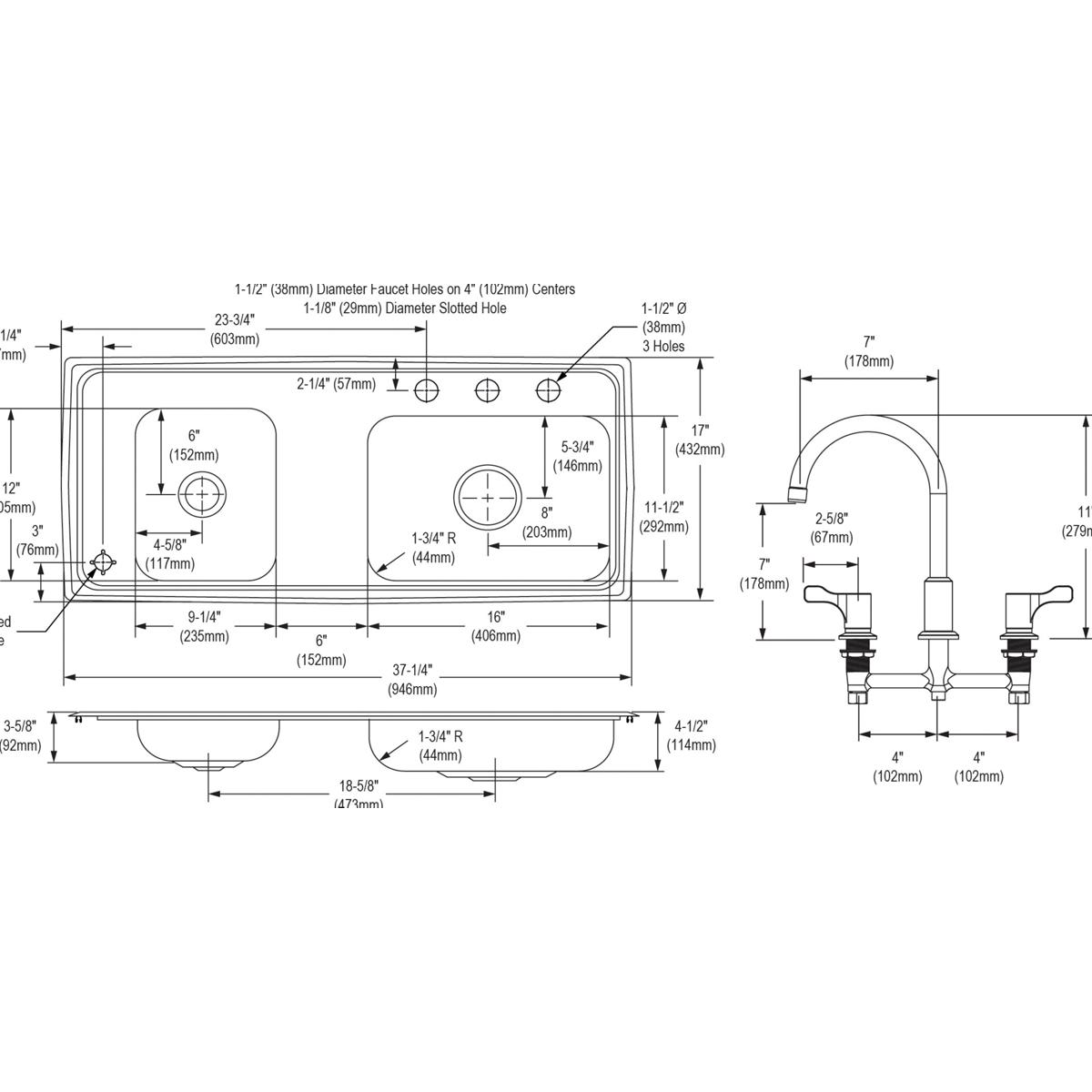 Technical schematic showing top, side, and front views of a stainless steel double bowl sink with faucet holes and dimensiona