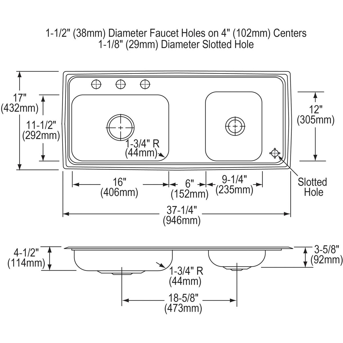 Stainless steel double bowl drop-in sink with faucet holes and slotted hole, shown in top and side technical drawings with di