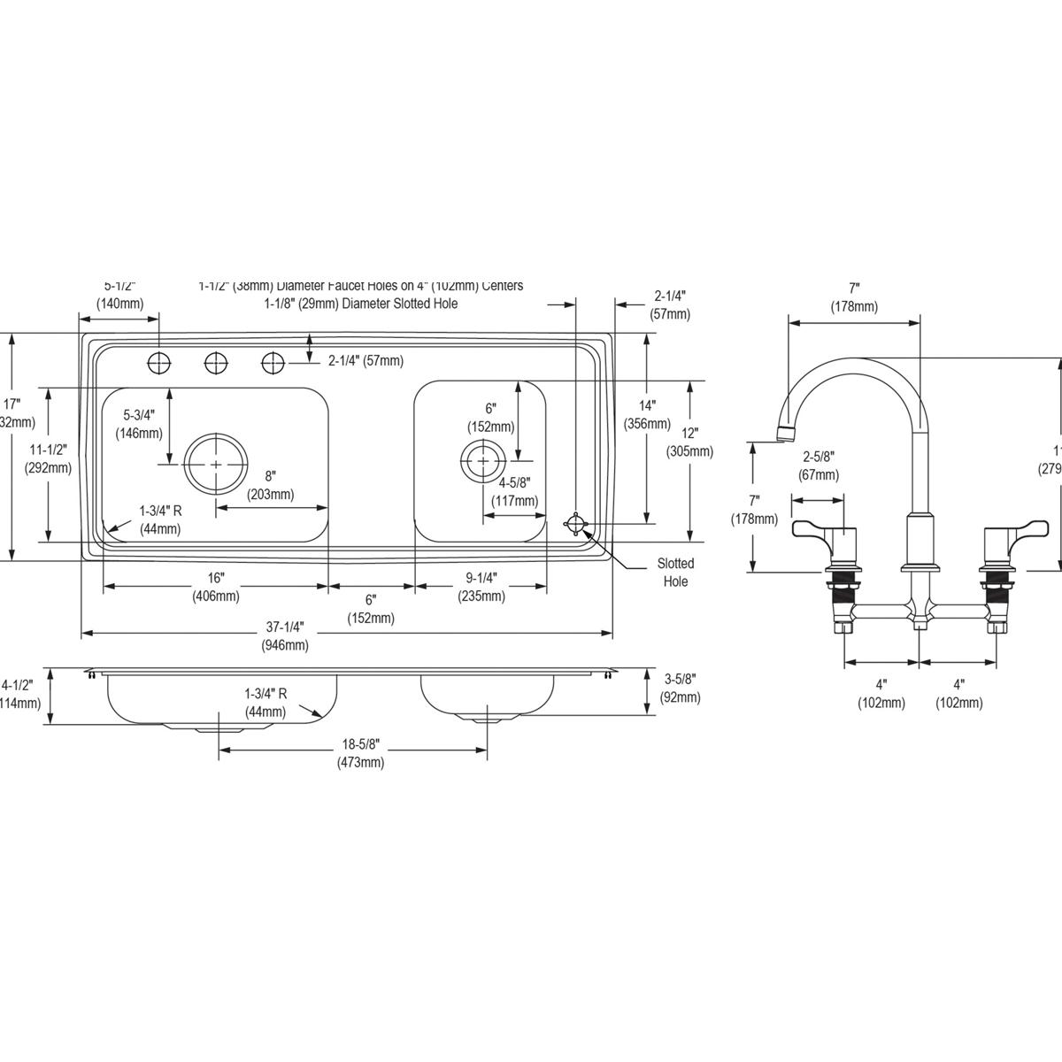 Double bowl stainless steel drop-in sink with dual faucet holes and matching faucet, shown in top and side technical drawings
